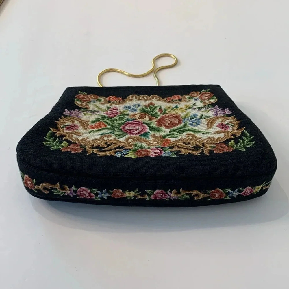Vintage Floral Petit Point Rose Quartz Gold Filigree Embroidered Black Handbag - Picture 7 of 16